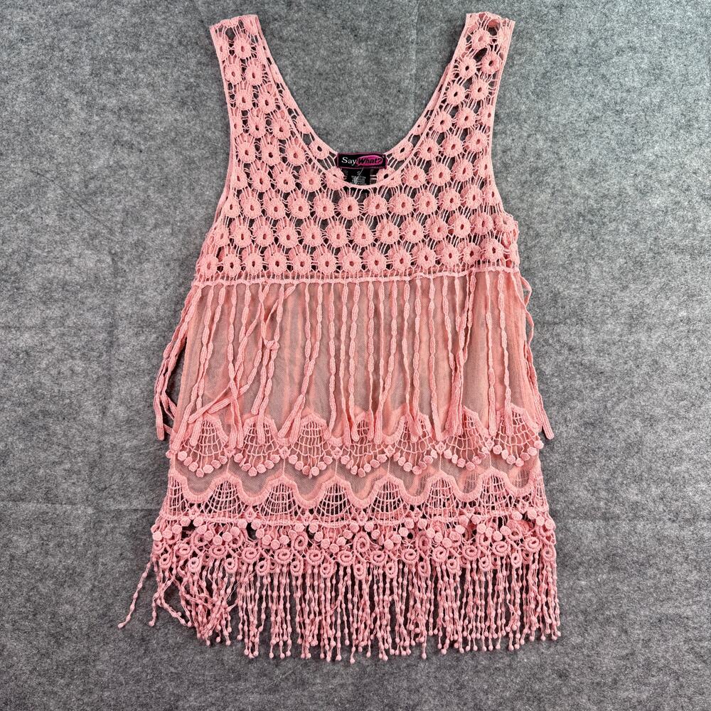 Say What? Pink Women's S Mesh Floral Tassel Embroidered Tank